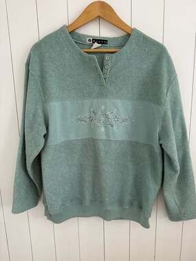 Vintage BLAST Green Button Sweatshirt with Snowflake Embroidery Size L